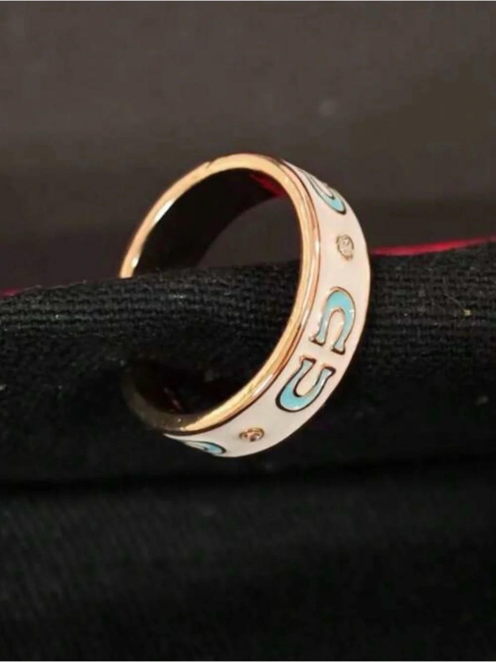 Western Horseshoe Ring Gold-Tone White Enamel Ring with Turquoise Accents